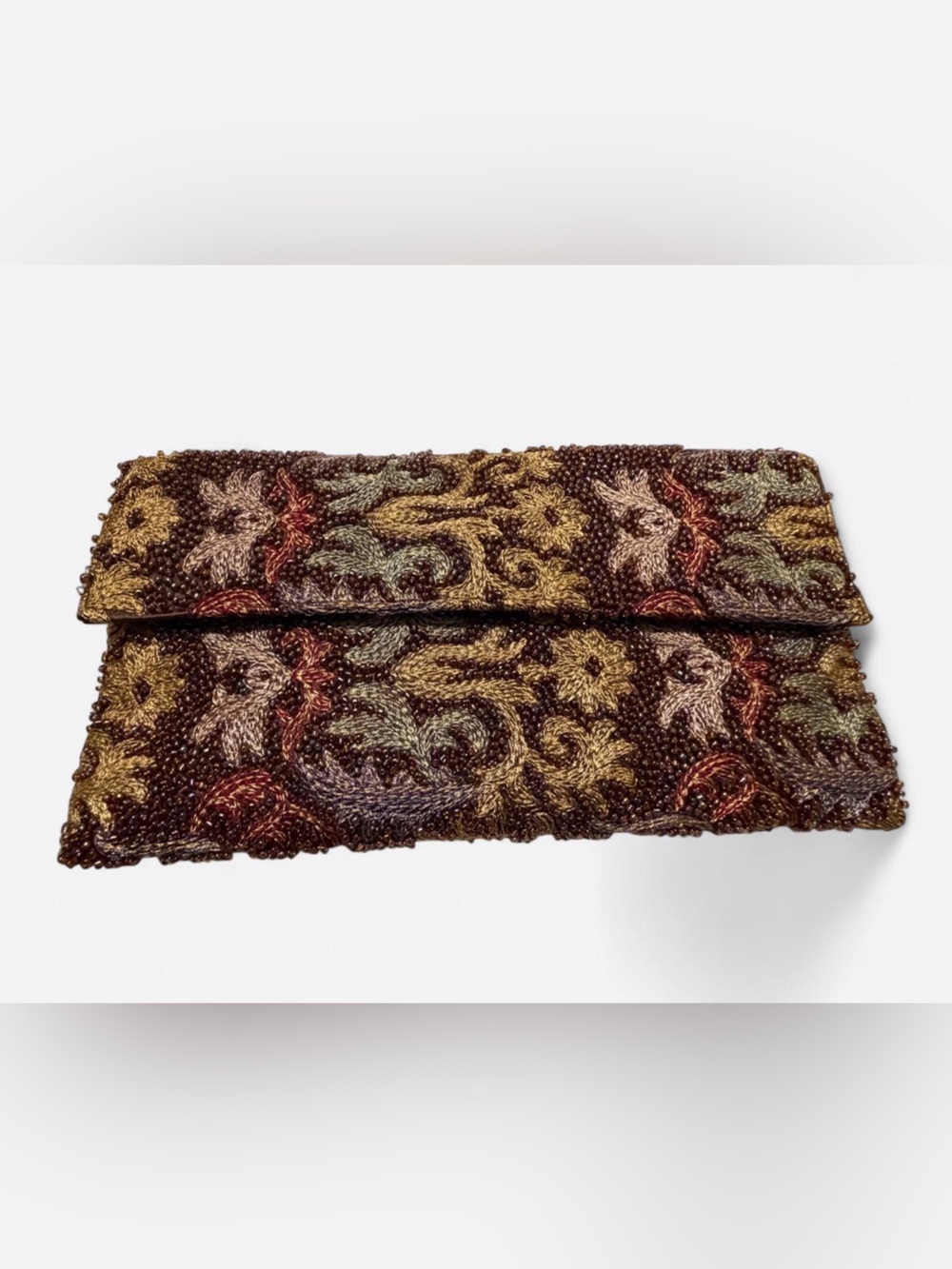 Valerie Stevens Beaded Floral Clutch in Brown, Gold, Green